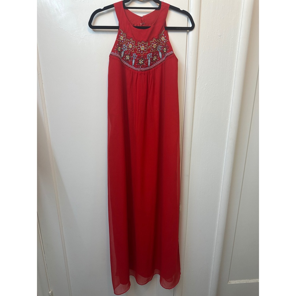Sabine Red Beaded Halter Maxi Dress Womens Medium Boho Chiffon Gown Floral‎
